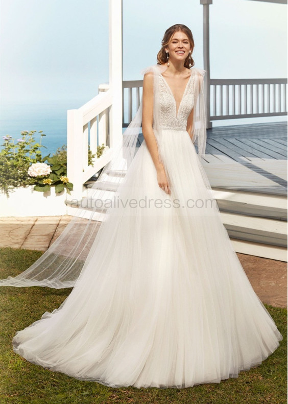 Plunging Neck Beaded Ivory Lace Tulle Wedding Dress